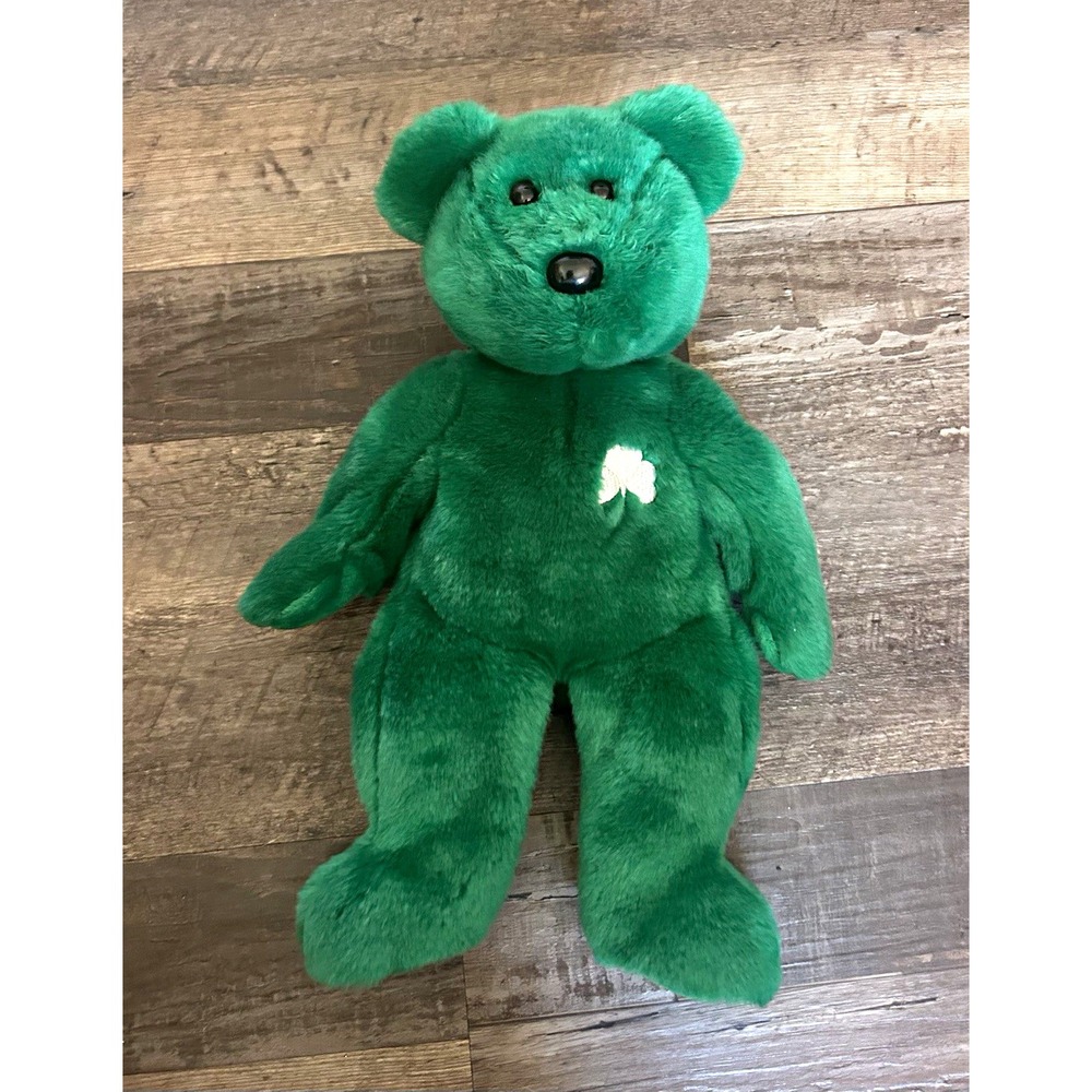 Ty Beanie Buddy Beanie Babies Green Bear Plush with Shamrock, Vintage 1997